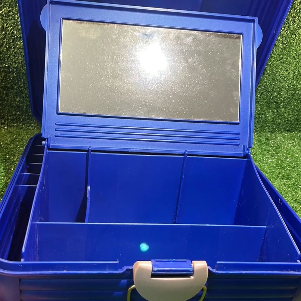 Vintage SASSABY Blue Makeup Travel Case Jewelry Box Organizer with Mirror